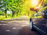 Auto rijdt over een weg met bomen erlangs en zonneschijn.